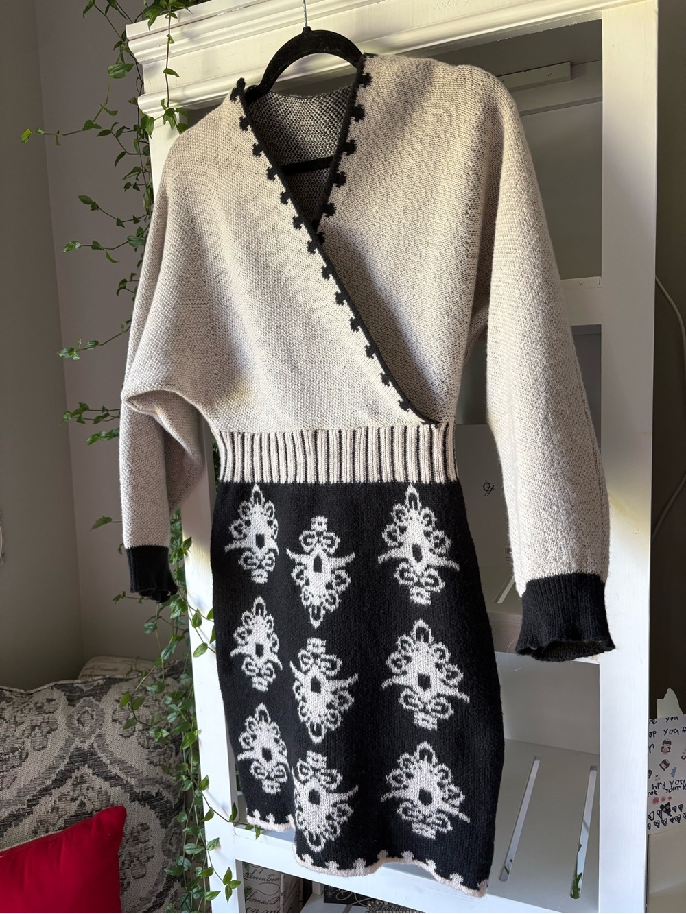 SHEIN Beige and Black Wrap-Style Knit V-Neck Sweater Dress